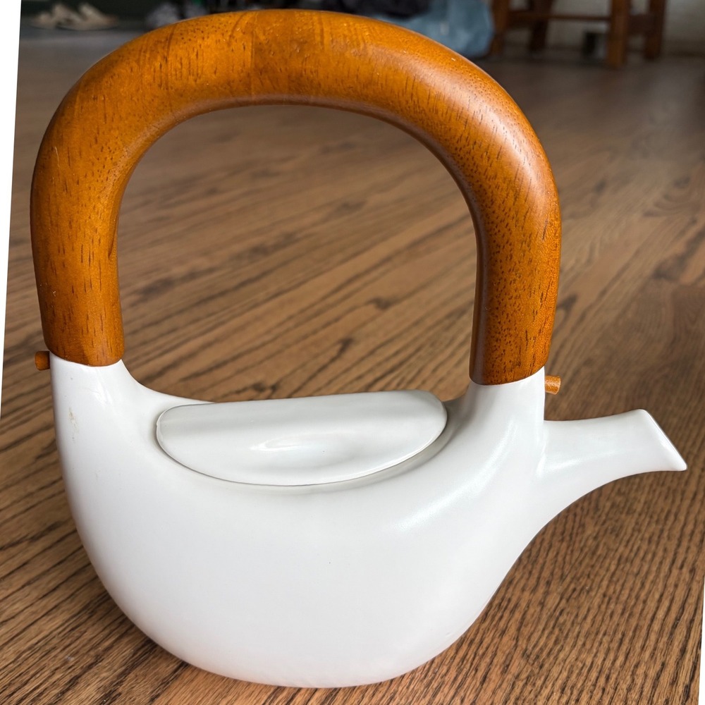 RedEnvelope White Ceramic Teapot with Arched Wood Handle 20oz Minimalist Modern